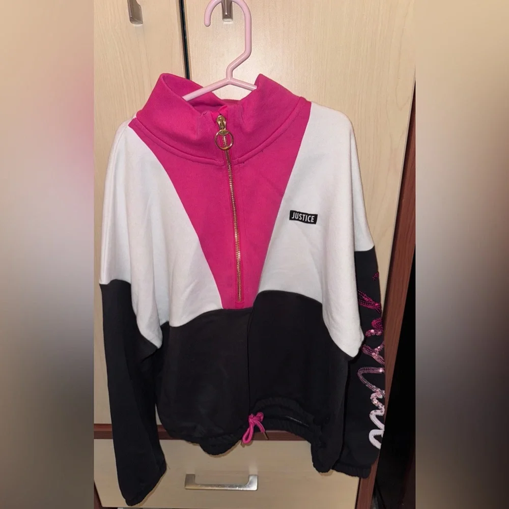 Justice Girls Colorblock Half Zip Pullover Pink Black White Size 10